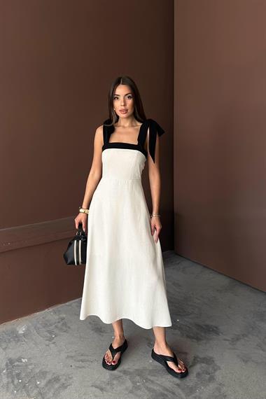 Toptan Bej Omuzdan Bağlamalı Keten Elbise