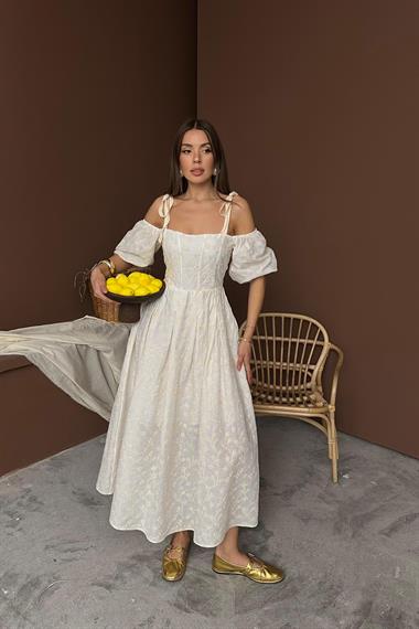 Toptan Bej Omuzu Bağcıklı Balon Kollu Brode Elbise