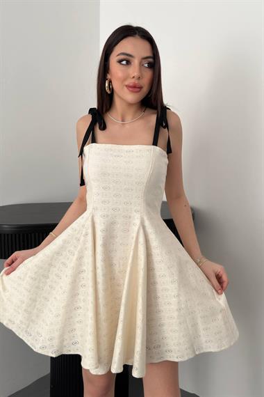 Toptan Bej Omzu Bağcıklı Elbise