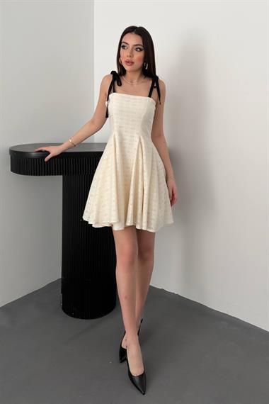 Toptan Bej Omzu Bağcıklı Elbise