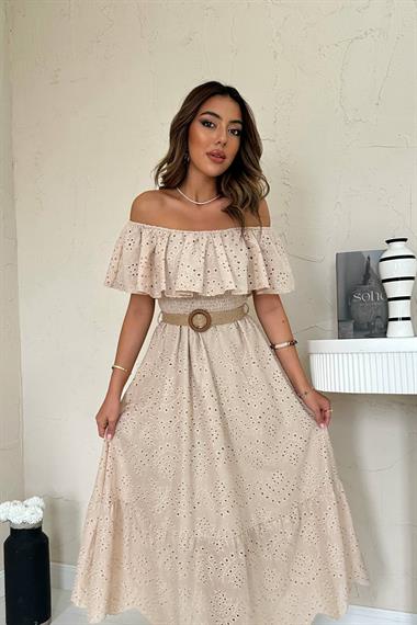 Toptan Bej Omzu Lastikli Brode Elbise