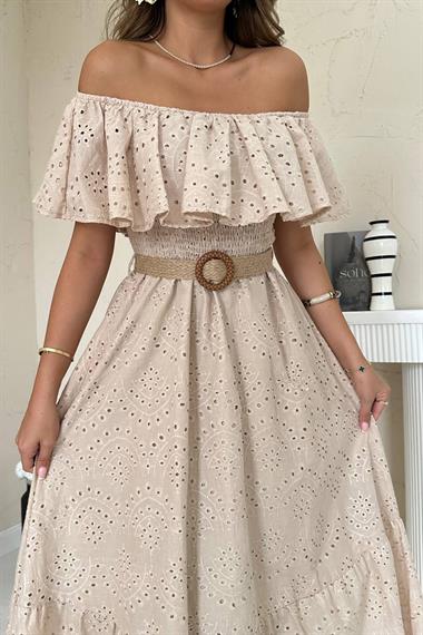 Toptan Bej Omzu Lastikli Brode Elbise