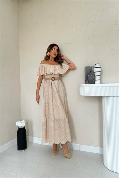 Toptan Bej Omzu Lastikli Brode Elbise