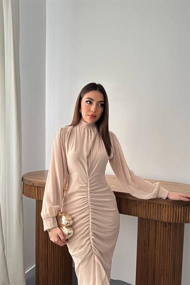 Toptan Bej Önü Büzgülü Şifon Elbise