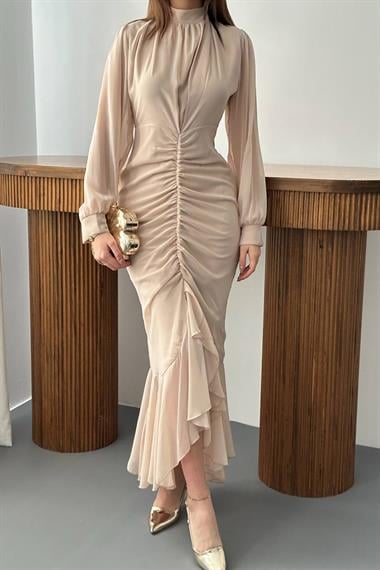 Toptan Bej Önü Büzgülü Şifon Elbise