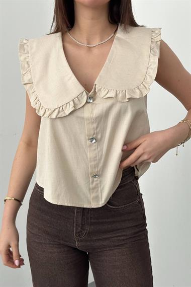Wholesale Beige Button Front Baby Collar Blouse