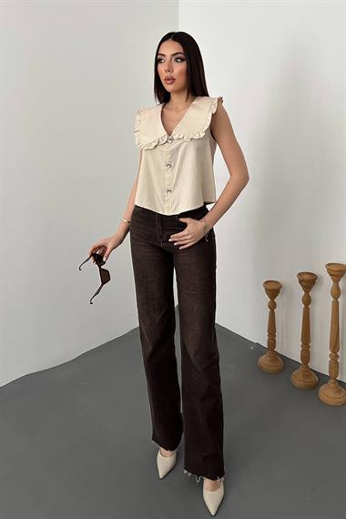 Wholesale Beige Button Front Baby Collar Blouse