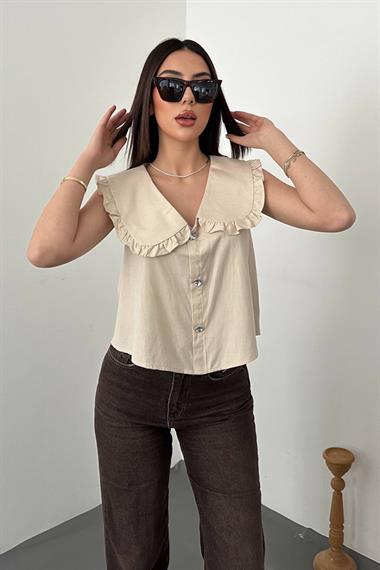 Wholesale Beige Button Front Baby Collar Blouse