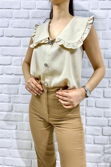 Toptan Bej Önü Düğmeli Bebe Yakalı Bluz