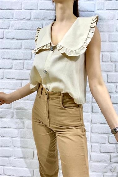 Toptan Bej Önü Düğmeli Bebe Yakalı Bluz