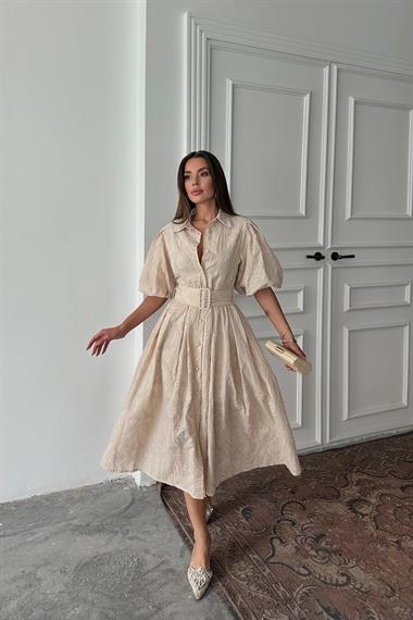 Toptan Bej Pileli Balon Kol Elbise