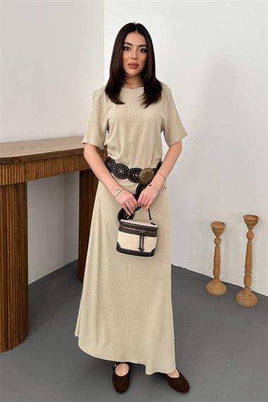 Toptan Bej Pileli Bisiklet Yaka Elbise