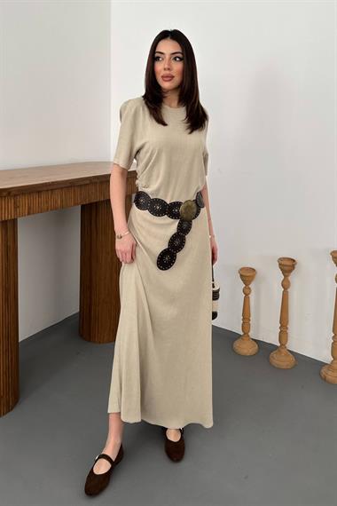 Toptan Bej Pileli Bisiklet Yaka Elbise