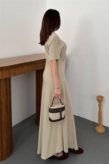 Toptan Bej Pileli Bisiklet Yaka Elbise