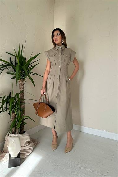 Toptan Bej Pileli Gabardin Elbise