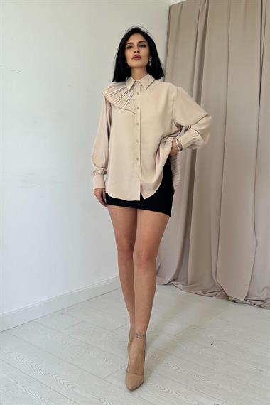 Wholesale Beige Pleated Detailed Jessica Shirt