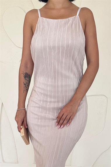 Toptan Bej Piliseli Halter Boyun Elbise