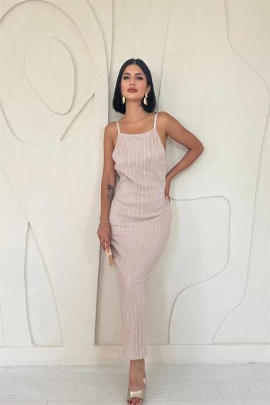 Toptan Bej Piliseli Halter Boyun Elbise