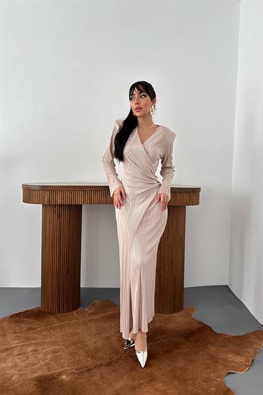 Toptan Bej Piliseli Tokalı Elbise