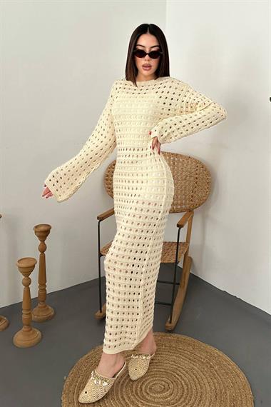 Toptan Bej Pitikare Triko Elbise