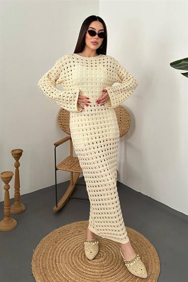 Toptan Bej Pitikare Triko Elbise