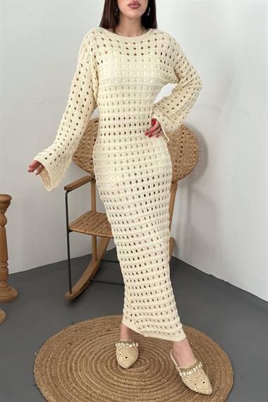 Toptan Bej Pitikare Triko Elbise