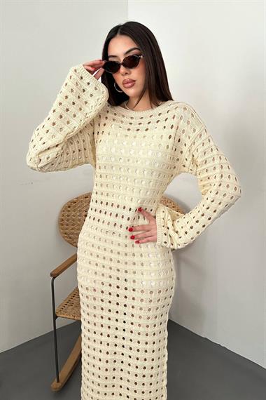Toptan Bej Pitikare Triko Elbise