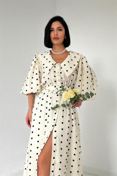 Toptan Bej Puantiyeli Bebe Yaka Elbise