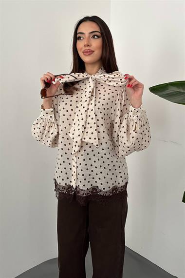Toptan Bej Puantiyeli Dantelli Gömlek
