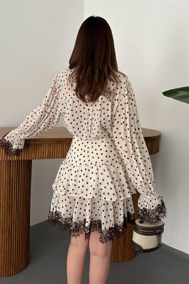 Toptan Bej Puantiyeli Dantelli Takım