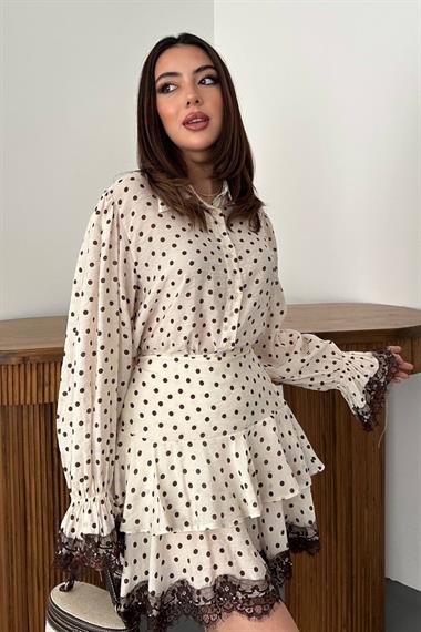 Toptan Bej Puantiyeli Dantelli Takım