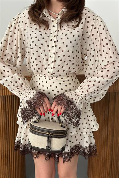 Toptan Bej Puantiyeli Dantelli Takım