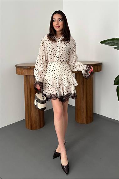 Toptan Bej Puantiyeli Dantelli Takım