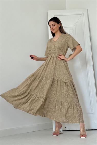 Toptan Bej Puantiyeli Uzun Elbise