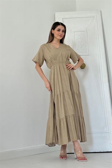 Toptan Bej Puantiyeli Uzun Elbise
