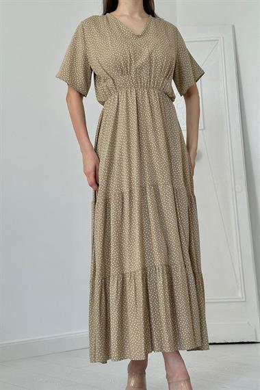 Toptan Bej Puantiyeli Uzun Elbise