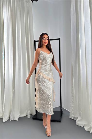 Toptan Bej Pul Payetli Şifon Fırfırlı Elbise