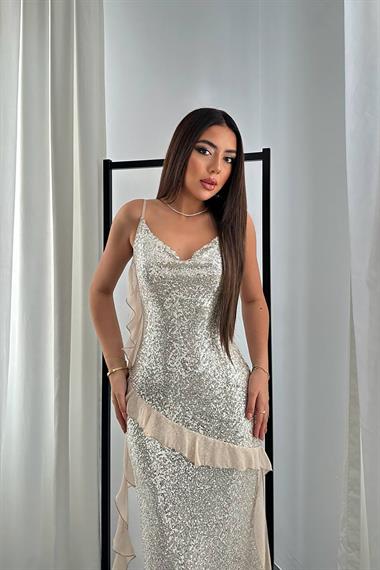 Toptan Bej Pul Payetli Şifon Fırfırlı Elbise