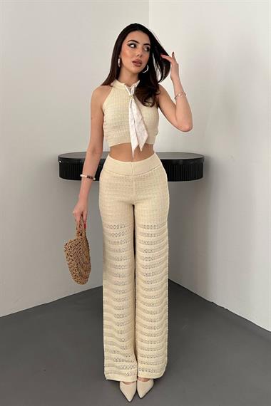 Toptan Bej Şal Detay Triko Takım