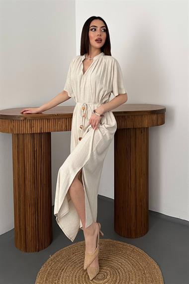 Toptan Bej Salaş Keten Elbise