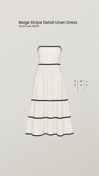 Toptan Bej Şerit Detay Keten Elbise