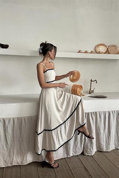 Toptan Bej Şerit Detay Keten Elbise