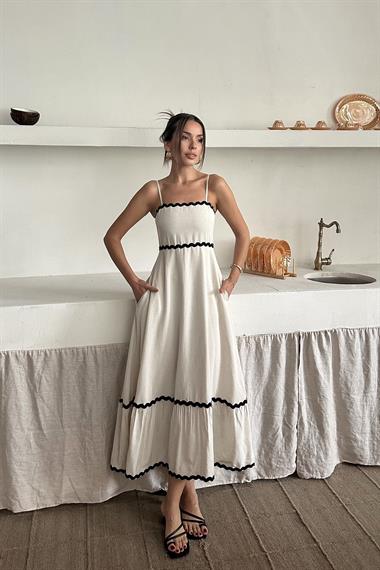 Toptan Bej Şerit Detay Keten Elbise