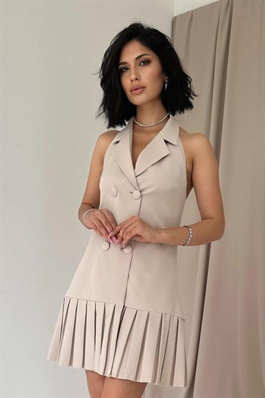 Toptan Bej Sırtı Açık Ceket Yakalı Elbise