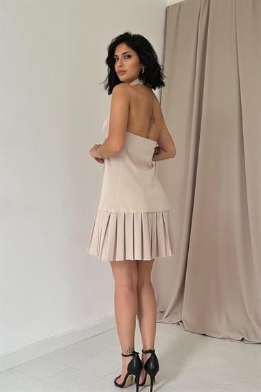 Toptan Bej Sırtı Açık Ceket Yakalı Elbise