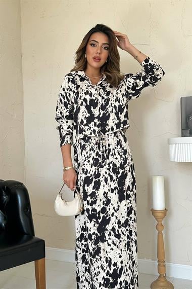 Toptan Bej Siyah Desenli Viskon Takım