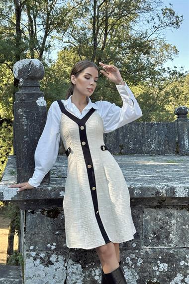 Toptan Bej Siyah Süs Cepli Askılı Elbise