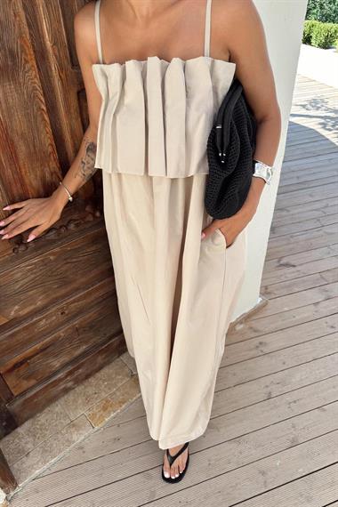 Toptan Bej Spagetti Yaka Önü Pileleli Elbise