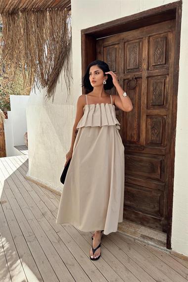 Toptan Bej Spagetti Yaka Önü Pileleli Elbise