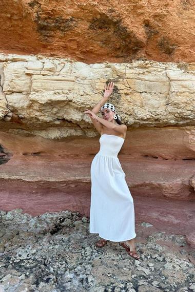 Toptan Bej Straplez Gipeli Elbise